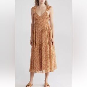 Madewell Floral Georgette Ruffle-Sleeve Tiered Midi Dress Daisy Meadow Sz 2 NEW